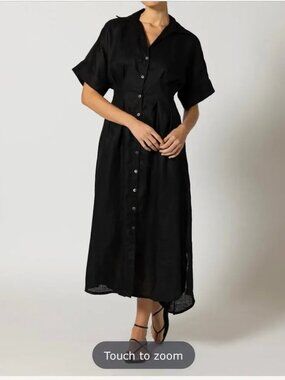 Cleobella Gili Midi Shirtdress Linen Black Short Sleeve‎ Large